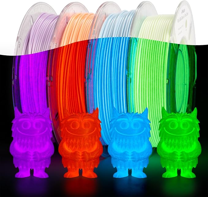 AMOLEN Silk Glow in the Dark Filament Multicolor, Glow Filament Silk Green, Blue, Purple, Orange Red 1.75mm PLA Filament, Dimensional Accuracy +/- 0.02 mm, 200g X 4 Pack