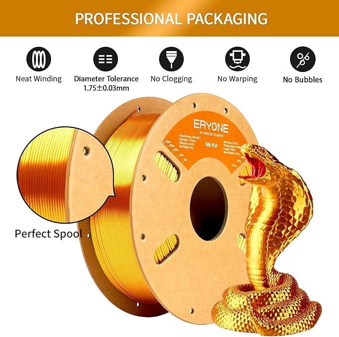 ERYONE Silk PLA Filament for 3D Printer 1.75mm +/- 0.03mm, 2KG Cardboard Spool, Silk Liquid Gold