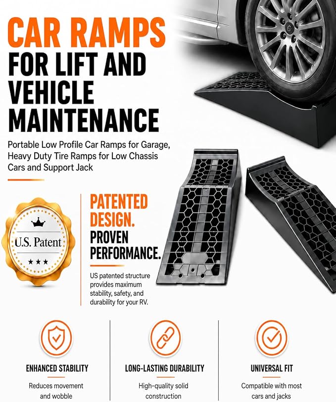 ROBLOCK Car Ramps for Lift and Vehicle Maintenance, Portable Low Profile Car Ramps for Garage, Heavy Duty Tire Ramps for Low Chassis Cars and Support Jack, 26''x9.8''x5.9'', G.V.W 20000 LBS, 2 PCS