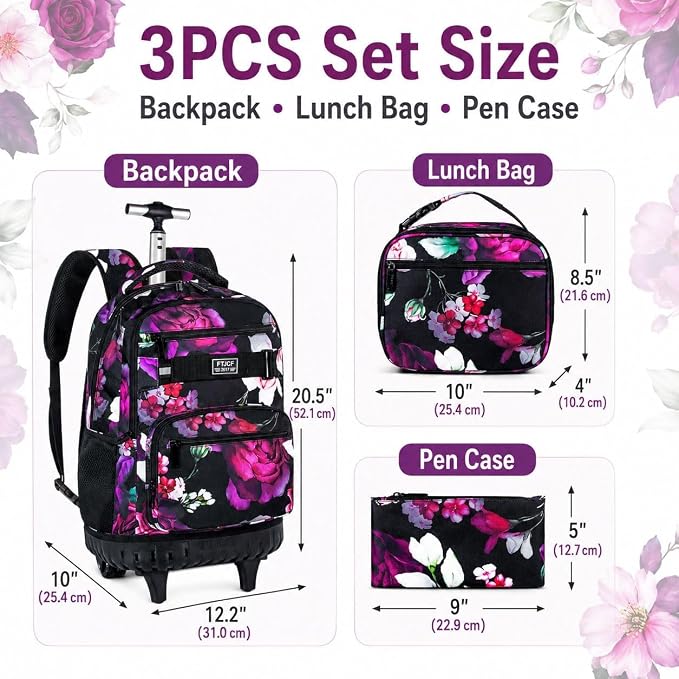 3Pcs Rolling Backpack for Girls Women, Travel Roller Backpacks with Wheels for Adults, Teens College Rose Wheeled Bookbag with Lunch Box(Black)