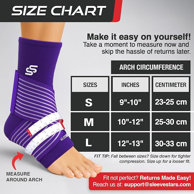 Sleeve Stars Ankle Brace for Women & Men, Ankle Wrap for Sprained Ankle, Compression Sleeve for Plantar Fasciitis Relief, Easy Customizable Support: w/Removable Strap (Single/S:9"-10"/Dark Purple)