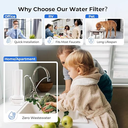 iSpring CT10-W Countertop Water Filter, Multi-Layer Faucet Water Filter System with Versatile Faucet Adapter, Reduces Heavy Metals, Bad Odor, and Chlorine, White