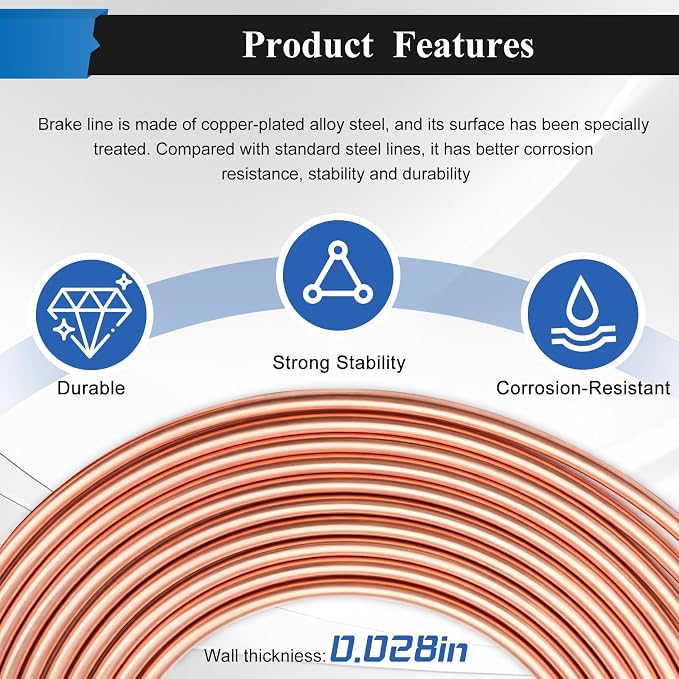 60Pcs 2 Sets 3/16 Inch & 1/4 Inch 25 FT Brake Line Tubing Kit with 58 Pcs Brake Line Fittings, Copper Coated Alloy Steel Brake Lines Kit Replacement for Hydraulic Fuel Transmission Line