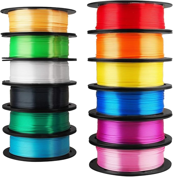 MIKA3D 12 in 1 Bright Shine 3D Printer Silk PLA Filament Bundle, Most Popular Colors Pack, 1.75mm 500g per Spool, 12 Spools Pack, Total 6kgs Material with One Bottle of 3D Printer Stick