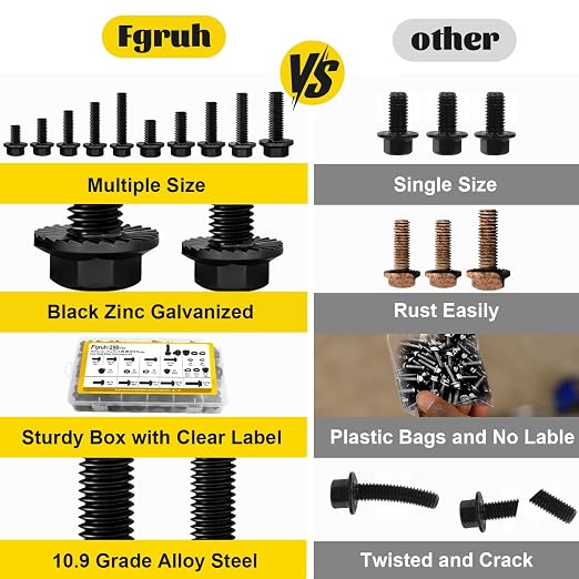 288PCS Metric Flange Head Bolts Assortment Kit,M6-1.0,M8-1.25,M10-1.5 Flanged Hex Bolt and Serrated Flange Nuts Washers Assorted,10.9 Black Zinc Galvanized (Length 12/16/20/25/30 mm)