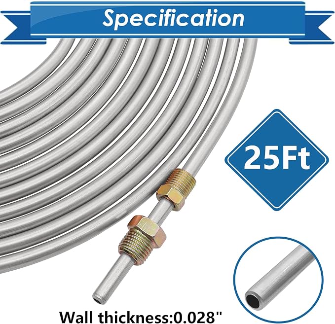 1/4Inch x 25 ft Brake Line Tubing Kit Flexible Zinc Coated Alloy Brake Line Tubing Coil with 16 Inverted Flare Fittings SAE Standard