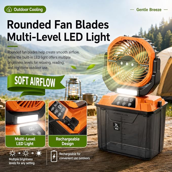 Portable Misting Fan for Patio, Outdoor Cooling Fan, 7L Water Tank, 20000mAh Battery, Remote Control, 1-12H Timer, 90° Oscillation, 5 Speeds & 4 Mist Levels, Camping, Beach, Fishing