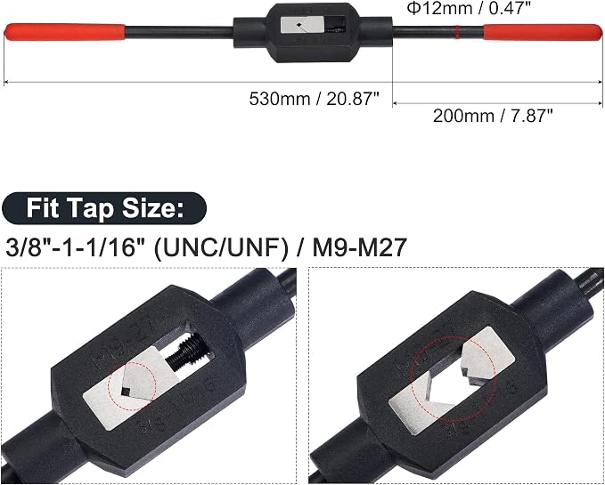 uxcell Adjustable Tap Wrench Handle for 3/8"-1-1/16" (UNC/UNF) / Metric M9-M27 Taps, Thread Tap Holder Reamer Hand Tapping Tool for Machinist Repair with Plastic Dipped Handle