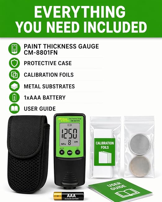 Paint Thickness Gauge CM-8801FN for Cars – Digital Coating Thickness Meter, Auto Fe/NFe Detection, 1 μm Resolution, 0–1250 μm (0–49 mils), ±(3%+2 μm) Accuracy, Automotive Inspection Tool