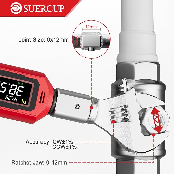 SUERCUP 9x12 mm Adjustable Digital Torque Wrench, 0.66-44.29Ft.Lb/0.9-60N.m | Interchangeable Open End Head 42mm Jaw & 3/8" Ratchet, Vibration/Buzzer/LED Alert, for Split AC, HVAC, Bike & Moto Repair