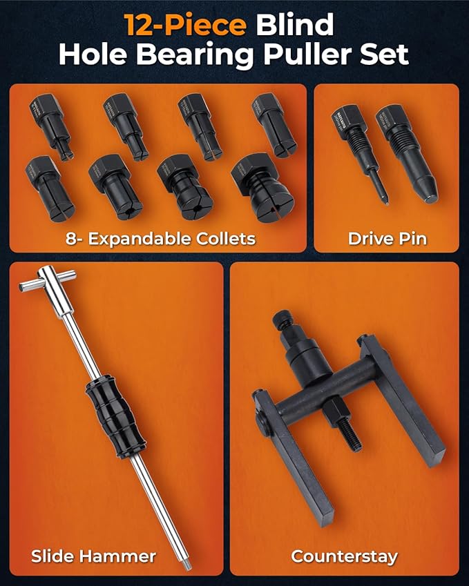 12pcs Motorcycle Blind Hole Collet Bearing Puller Set, Internal Bearing Extractor Puller Kit Slide Hammer Bearing Puller with Expandable Collets 8-32mm Inner Bearing Remover Tool (12-Piece)