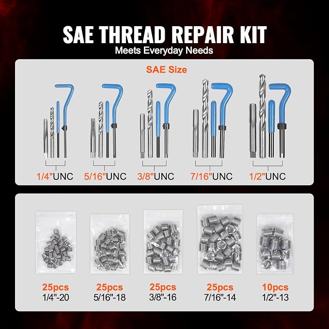 VEVOR Helicoil Thread Repair Kit - 131-Piece SAE HSS Drill Inserts Taps & Tools 1/4" 5/16" 3/8" 7/16" 1/2" UNC Rethreading Tool Kit Insertion Rethreading Tools Universal Rethread Restorer