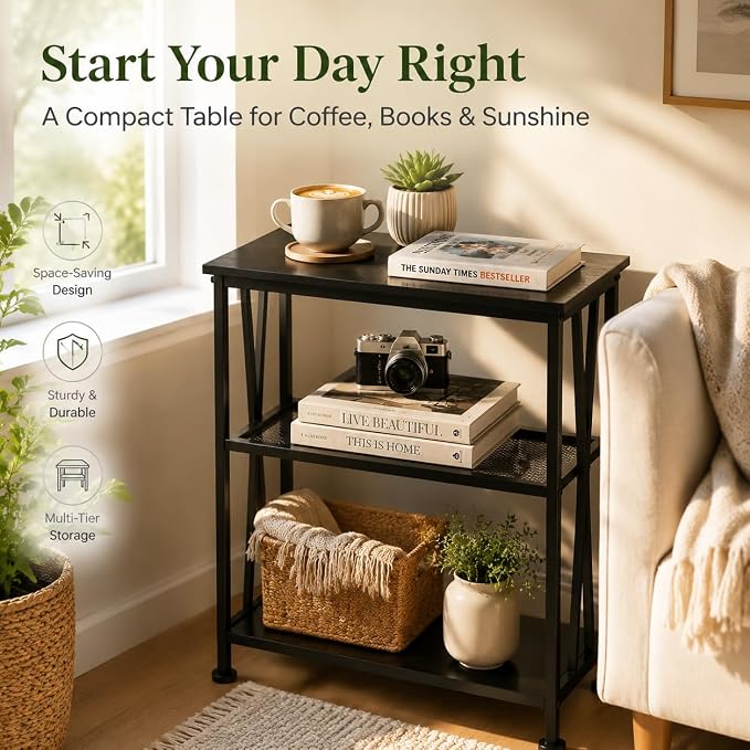 Narrow Side Table,3-Tier End Table With Storage Shelves,Small Hallway Table, Industrial Accent Table With Metal Frame Slim Nightstand Sofa Side Table for Small Spaces,Living Room, Bedroom,Black