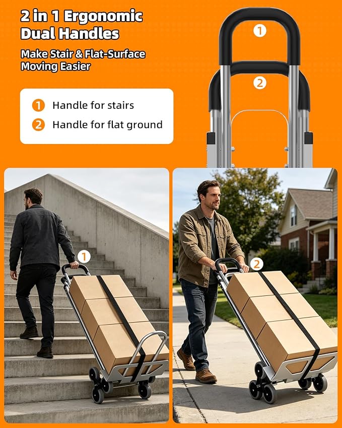 Aluminum 2 in 1 Hand Truck Dolly Cart with 6 Wheels, 600 Lbs Capacity, Heavy Duty Stair Climbing Dolly with Dual Handles, Bungee Cord & Strap for Flat Ground & Stairs, Warehouse, Home, Office, Silver