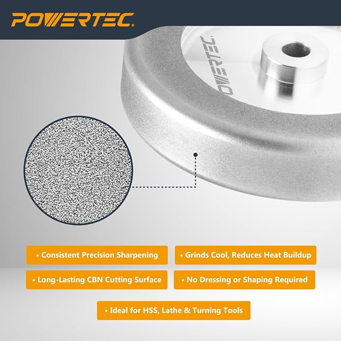 POWERTEC CBN Grinding Wheel 6 Inch 320 Grit, 1-1/4" Wide, 1/2" Arbor – 4-in-1 CBN Sharpening Wheel with 1/4" Radius Edge and Side Face for Bench Grinder (15708)