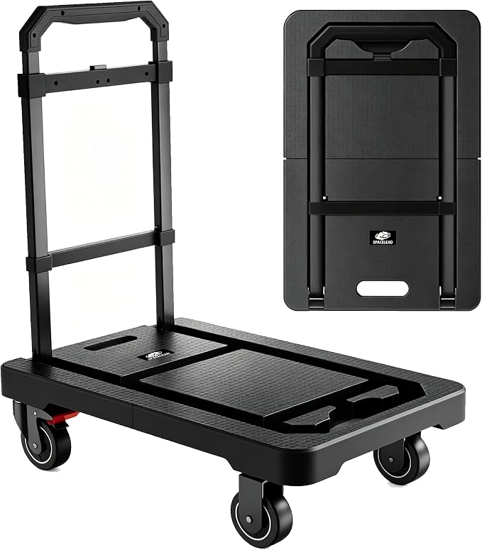 SPACELEAD Folding Hand Truck, Heavy-Duty Platform Truck with 330 Lbs Capacity, Collapsible Dolly Cart with 360° Silent Wheels & Telescopic Handle, Portable Moving Cart for Luggage & Office, Black