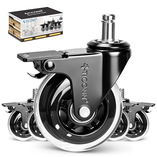 TICONN Office Chair Caster Wheels Set of 5 for Tile, Hardwood Floors and Carpets, Universal Fit for Most Chairs (Transparent with Brake)