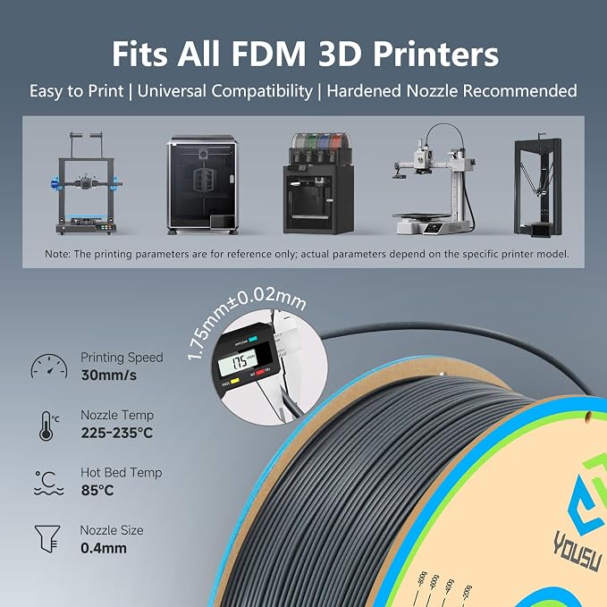 YOUSU Polypropylene PP Filament, 1.75mm 3D Printer Filament for FDM 3D Printers, 1kg (2.2lbs) 5 Pcs Build Sheet Included, Semi-Flexible Ultra Tough Filament, Grey