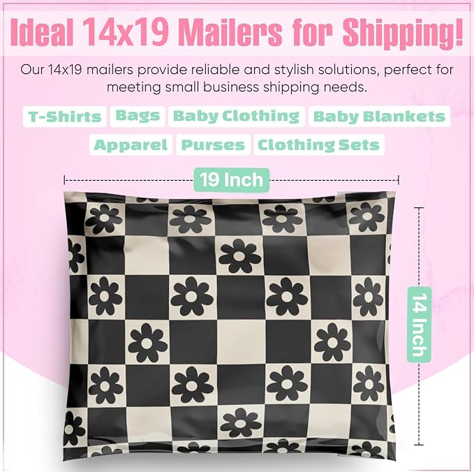 Package Mint 14x19 Poly Mailers - 100 Pack Daisy Checkerboard - Waterproof and Tear-Resistant Poly Mailer Shipping Bags with Self-Adhesive Seal - Opaque Mailing Envelopes for Clothing and Soft Goods