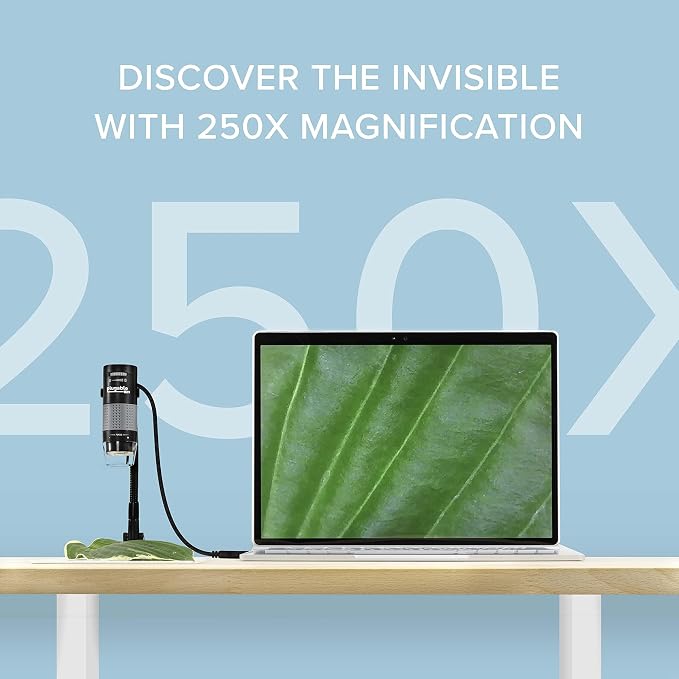 Plugable USB Digital Microscope 250x, 2MP Micro Camera with Flexible Arm Stand - Handheld USB & USB-C Microscope, Windows, Mac, ChromeOS, Linux, Android, iPad Compatible