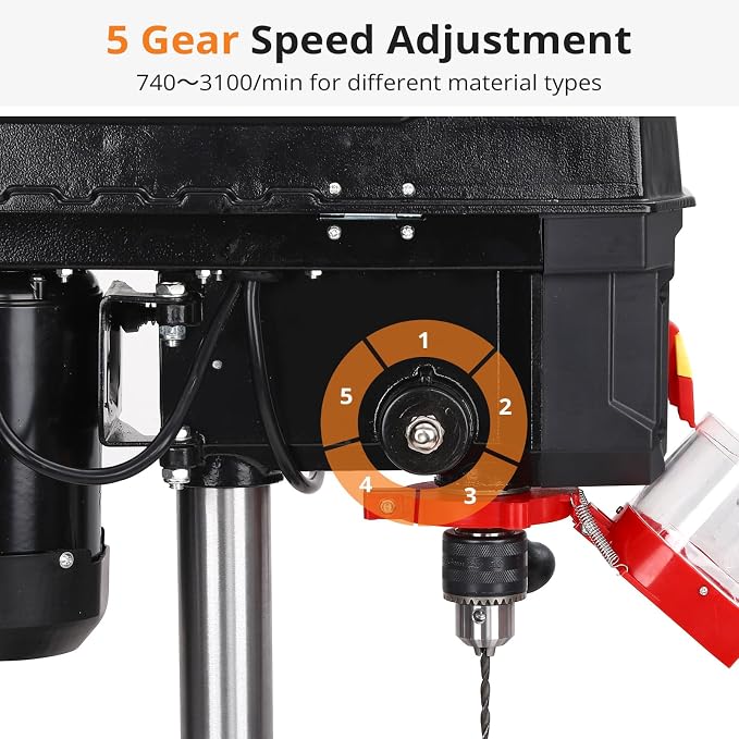 8 Inch Benchtop Drill Press, 2.5A Mini Drill Machine, Tabletop Drilling Machine with 5 Speed Adjustable, Swing Distance 0-45° Tiltling Worktable for Wood Metal