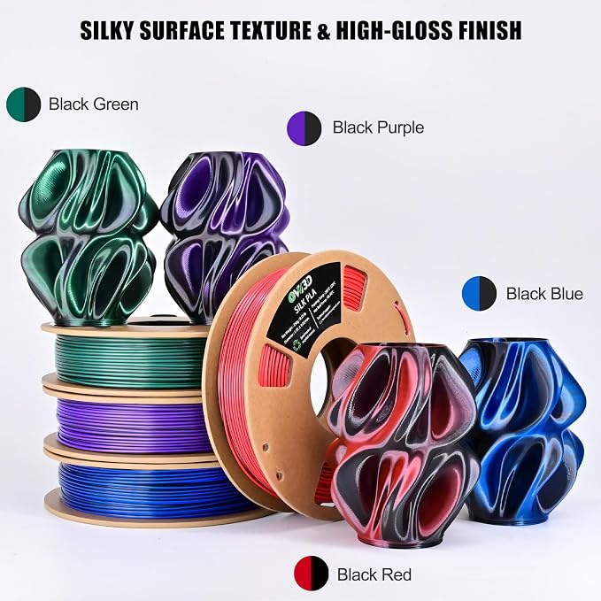 OVV3D Silk PLA 3D Printer Filament Bundle 250g x 4 Spools, Shiny Dual Color Filament 1.75mm Pack, Multi Color Change 3D Printing Filament, High Gloss Shine, 4 Pack (Black - Purple, Red, Green, Blue)