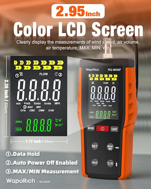 Hot Wire Anemometer HVAC, WapoRich CFM Air Flow Meter Wind Speed Gauges with MAX/MIN, CMM/CMS/CFM Airflow Meter, Air Velocity 0.2-67 MPH, Wind Temp 32℉-113℉ - RQ-9000F