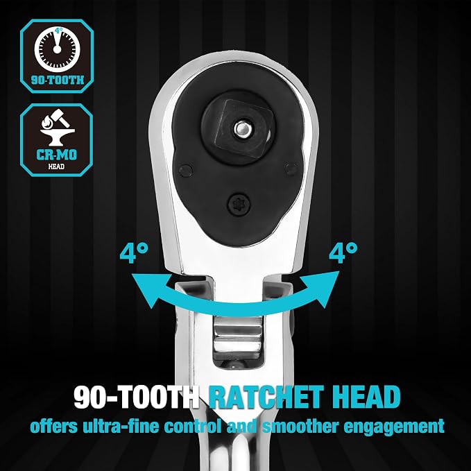 DURATECH 3/8-Inch Drive Flex-Head Ratchet, 90-Tooth Quick-Release Ratchet Wrench with 180° Pivoting Head and 7-Position Setting, Reversible, CR-V Made, CR-MO Head, 4° Swing, Full Polished, Men Gifts