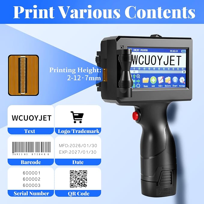 Handheld Inkjet Printer & Coding Machine, WUOYJET TIJ770 Portable Inkjet Printer Gun with 42ml Quick-Dry Ink Date/Batch/QR Code/Barcode/Image Printing