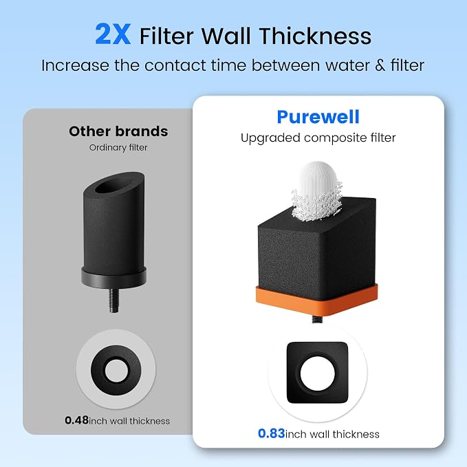 Purewell 5-Stage Composite Carbon Filter for Fluoride & PFAS Reduction, 2X Thickened Walls, Up to 20,000 Gallons, Compatible with Berlky, ProOne & Purewell Gravity Systems (2 Pack, SS Series, PF-6-FL)