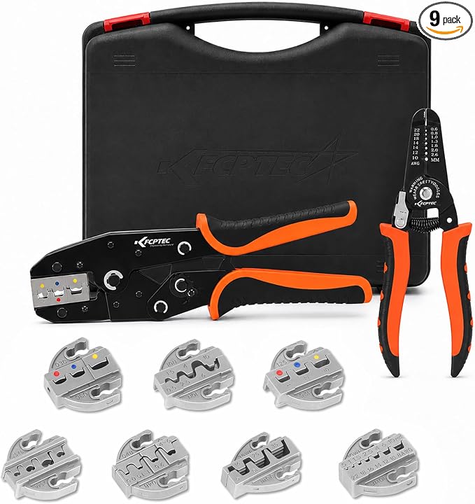 KF CPTEC 9PCS Quick-Change Wire Crimper Kit, Ratcheting Crimping Tool Set with Interchangeable Jaws, AWG 22-2, for Heat Shrink, Ferrules, Open Barrel, Insulated & Solar Connectors