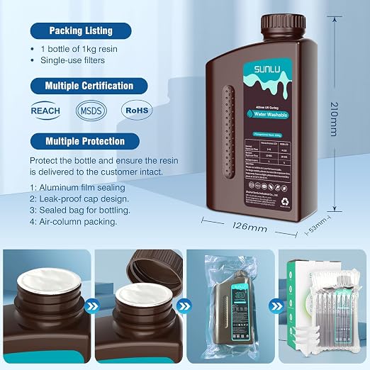 SUNLU Water Washable Resin 2KG, Fast Curing 3D Printer Resin for LCD DLP SLA 3D Printers, 395 to 405nm UV Curing 3D Printing Liquid Photopolymer Resin, Low Shrinkage High Precision, 2000g, White