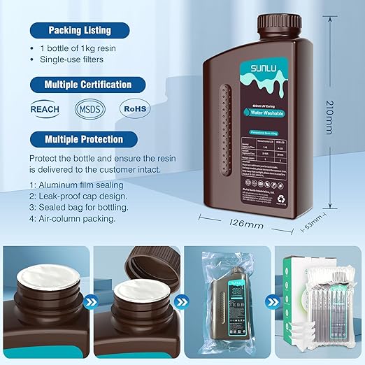 SUNLU 4kg Water Washable 3D Printer Resin, Fast Curing Low Shrinkage, High Precision Photopolymer Resin for LCD/DLP/SLA Printers,395 to 405nm UV Resin, 4000g Dark Grey
