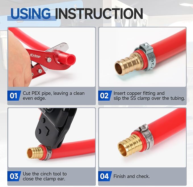 iCrimp One-Hand PEX Pipe Cinch Tool meet ASTM F2098 Standard clamps, Crimping Tool for 3/8-1 inch Clamp Rings