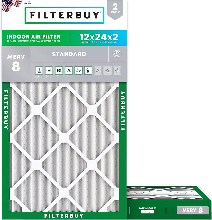 Filterbuy 12x24x2 Air Filter MERV 8 Essential Dust & Allergy Defense (2-Pack), Electrostatic Pleated HVAC AC Furnace Filters Replacement, Made in USA (Actual Size: 11.38 x 23.38 x 1.75)