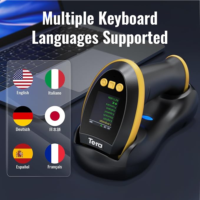 Tera Barcode Scanner Wireless with Screen: Pro Version 1D 2D QR with Setting Keypad Charging Cradle Works with Bluetooth 2.4G Wireless USB Wired Handheld Bar Code Reader HW0009 Yellow