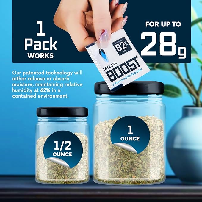 Integra Boost 62% RH, 2 Way Humidity Control Packs – 8g Size for Storing 1 oz – Pack of 50 Moisture Absorbers for Small Jars & Containers – Humidifier Packets for Herbs & Spices & Food Storage