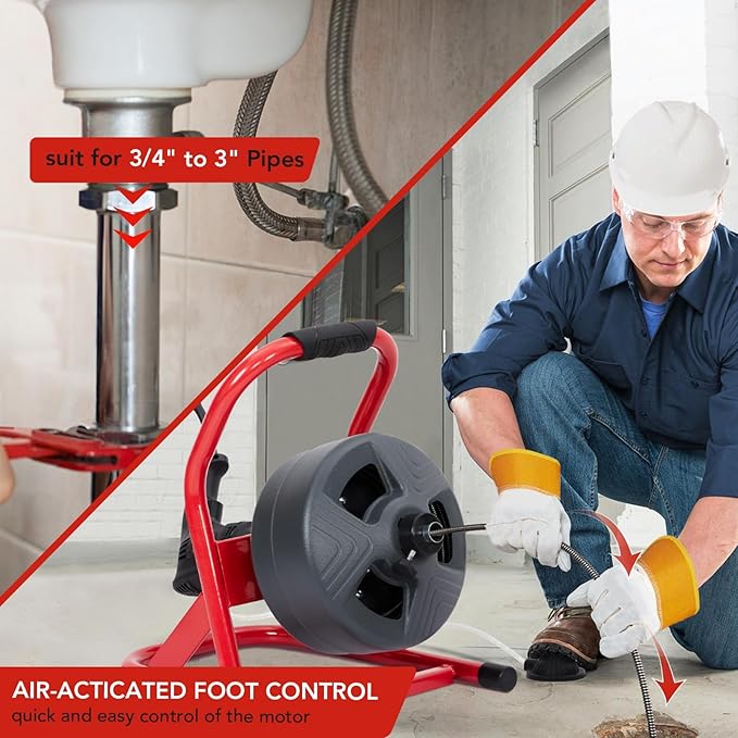Drain Cleaner Machine 50Ft x 5/16 Inch, Electric Drain Auger with Foot Switch, Sewer Snake for 3/4 to 3 Inch Pipes, Includes 6 Cutters & Gloves