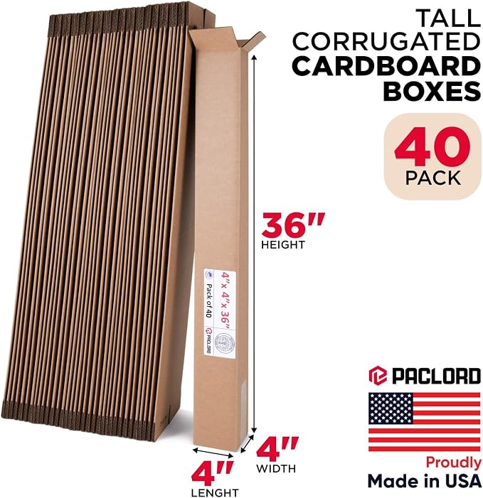 Tall Cardboard Boxes 4"L x 4"W x 36"H (Pack of 40) - USA-Made Packing Boxes for Moving, Shipping, or Storage - USPS, UPS, FedEx Approved - Professional Packing Supplies for Moving | USA-Made Packing Boxes for Moving, Shipping, or Storage - USPS, UPS, F...