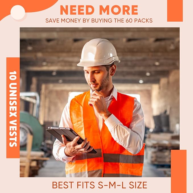 Tarpop 60 Packs Safety Vests Pack High Visibility Construction Vests Reflective Working with 2 Reflective Strips