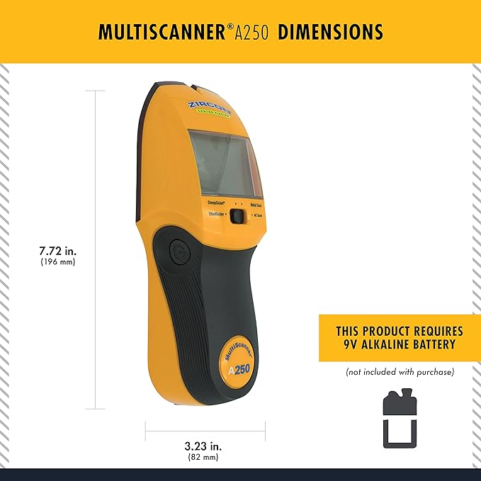 Zircon® MultiScanner™ A250 Stud Finder Wall Scanner, All-in-One Wood and Metal Stud Detector with Live AC Wire Detection, 4 Scan Modes, LCD Display, SpotLite® Pointer and ACT™ Technology