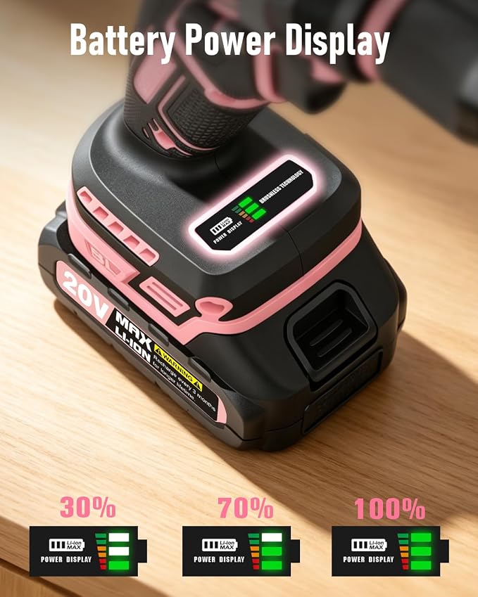 AVID POWER Brushless Power Drill Set, 20V Cordless Drill Driver Kit with 2.0Ah Battery and Charger, 3/8-Inch Metal Chuck, 355 In-lbs Torque, 2-Variable Speed, 26 Position and 22pcs Accessories-Pink