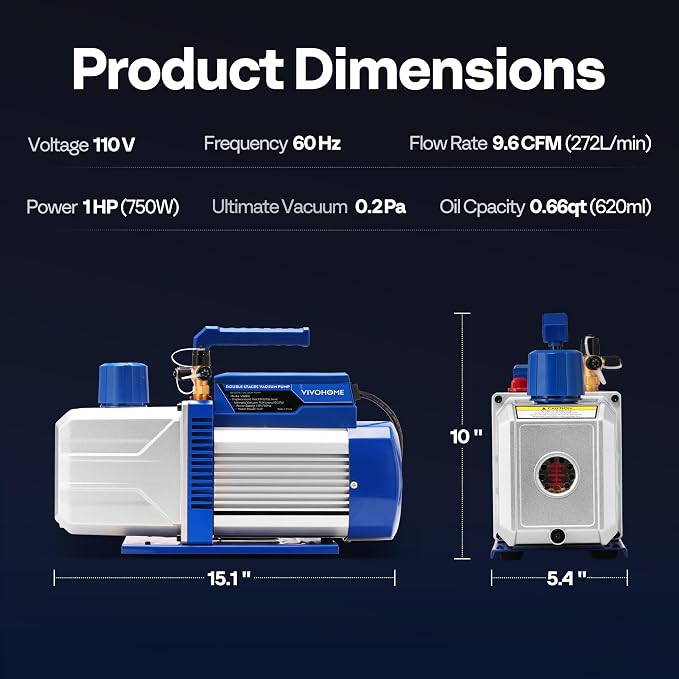VIVOHOME 1 HP 9.6 CFM 2 Stage HVAC Vacuum Pump for R134a R12 R22 R502 R410a Systems, Auto AC Vacuum Pump for Automotive Air Conditioner Refrigeration Maintenance with 2 Oil Bottles