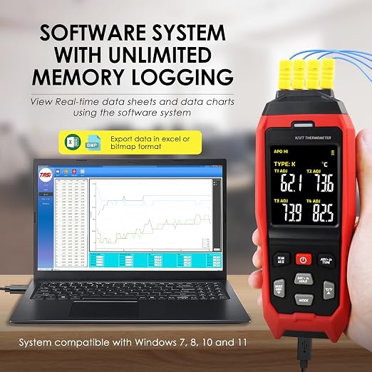 Thermocouple Thermometer Temperature Data Logger 4-Channel K/J/T Type Thermometer with 5000 Groups Data Logging and USB Export, -328~2501℉ Range HVAC Thermocouple Meter with Alarm & ADJ Compensation