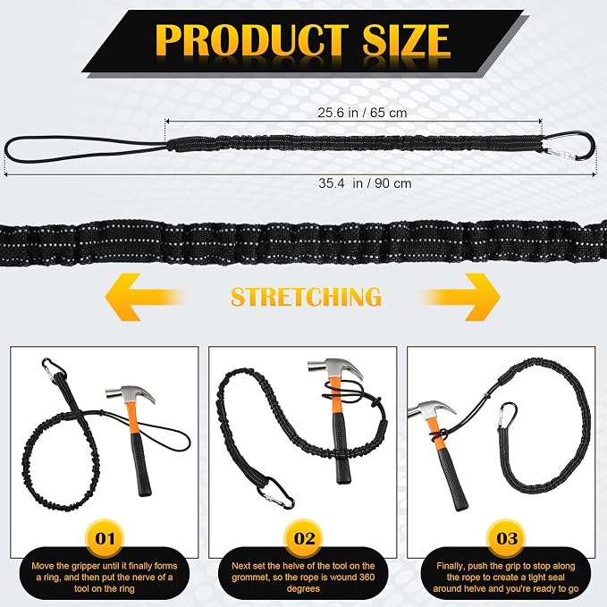 LEIFIDE 6pcs Tool Lanyard Standard Length Safety Tool Leash 17.6lb 8kg Tough Adjustable Fall Protection Tether with Aluminum Screw Lock Buckle, Shock Cord Stopper and Retractable Loop End, Black