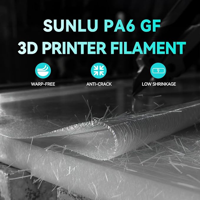 SUNLU PA6-GF 3D Filament 1.75mm 1KG, 25% Glass Fiber Nylon Filament, High Temp Resistance 401°F (205°C), Corrosion Resistance, Engineering Filament, Dimensional Accuracy+/-0.03mm, 1KG Spool, Black