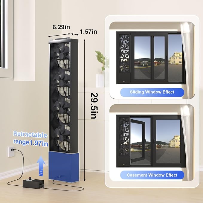 Vertical Window Fan for Sliding Windows (Black, 70~75cm/27.6~29.5in) | No Drilling Required Installation, Adjustable Wind Speed, 1.97 IN Retractable, for Bedroom Bathroom Kitchen Office