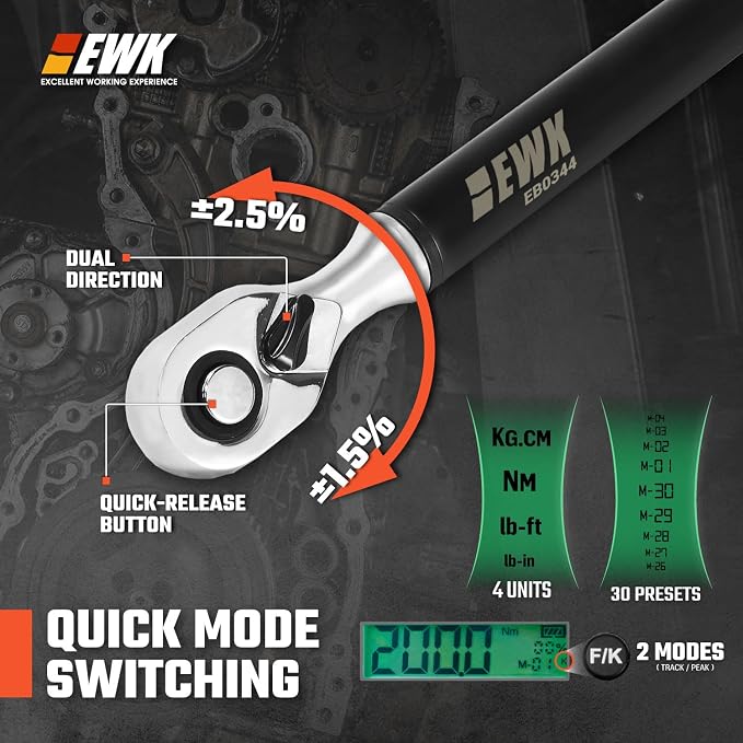 EWK 1/2 Inch Drive Digital Torque Wrench 7.4-147.6 ft-lbs (10-200 Nm) | IS0 6789, ±1.5% clockwise / ±2.5% counterclockwise, LCD Display, LED Buzzer Vibration Alert, 30 Memory Values