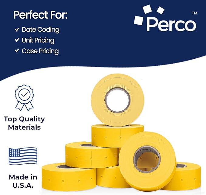 Perco 2 Line Yellow Labels - 60,000 Blank Price and Date Gun Labels for Perco 2 Line Price and Date Guns - 80 Rolls, 10 Sleeves - Made in USA