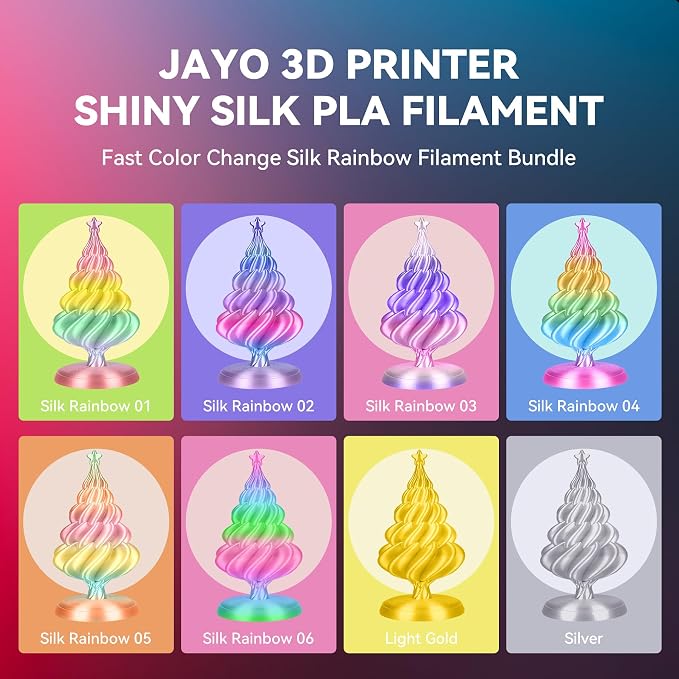 JAYO 3D Printer Filament Bundle, PLA Silk Filament Bundle Multicolor, Shiny Silk PLA Filament 1.75mm, Fast Color Change Rainbow, 250g Spool, 8 Rolls, 2kg in Total
